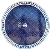 Mosaiktisch Groß Ø100 cm "Fleur" Blau-Weiß Handmade