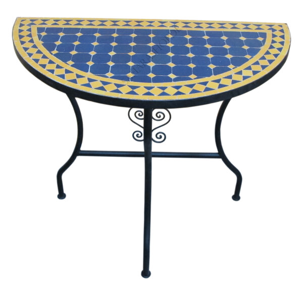 Marokkanische Mosaikkonsole halbrund Blau-Gelb Groß