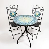 Mosaiktisch, 3-teilig, Klappbar, Metall-Gartenmöbel mit Tisch und 2 Stühlen, Blau-Grün
