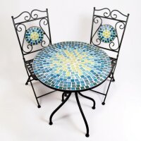 Mosaiktisch, 3-teilig, Klappbar, Metall-Gartenmöbel mit Tisch und 2 Stühlen, Blau-Grün