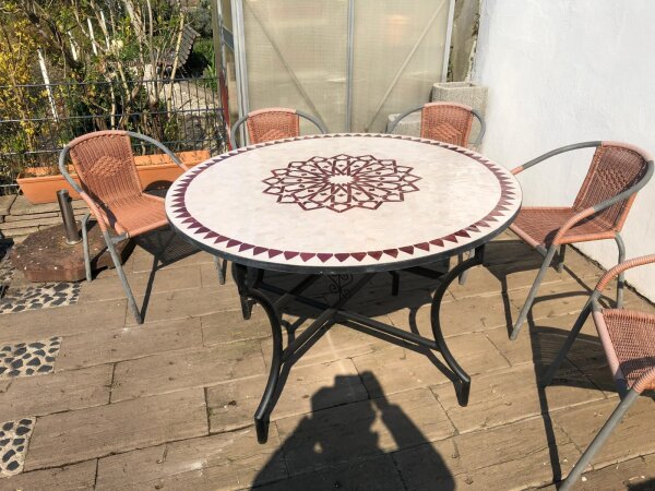 Mosaiktisch Groß Ø100 cm Natur-Bordeaux-Ornament Handmade