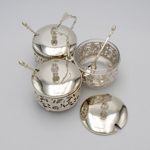 DELUXE 3er Set Servierschalen, Snackschale, Zuckerdose aus Glas mit Deckel & Löffel – Silber Modell 6562-32