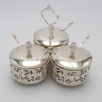 DELUXE 3er Set Servierschalen, Snackschale, Zuckerdose aus Glas mit Deckel & Löffel – Silber Modell 6562-32