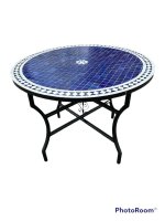 Mediterraner Mosaiktisch Garten Balkon Tisch Rund Ø 60 cm "Fleur" Blau-Weiß