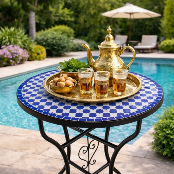 Mediterraner Mosaiktisch Garten Balkon Tisch Rund Ø 60 cm Khatem Blau, 179,00 €