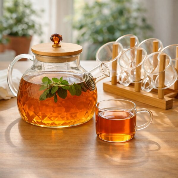 Glas Teekannen Set 7-teilig, 1 Liter inkl. Gläser & Gläserhalter