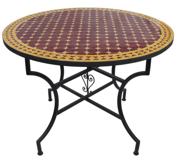 Mosaiktisch Groß Ø100 cm Bordeaux-Gelb Handmade